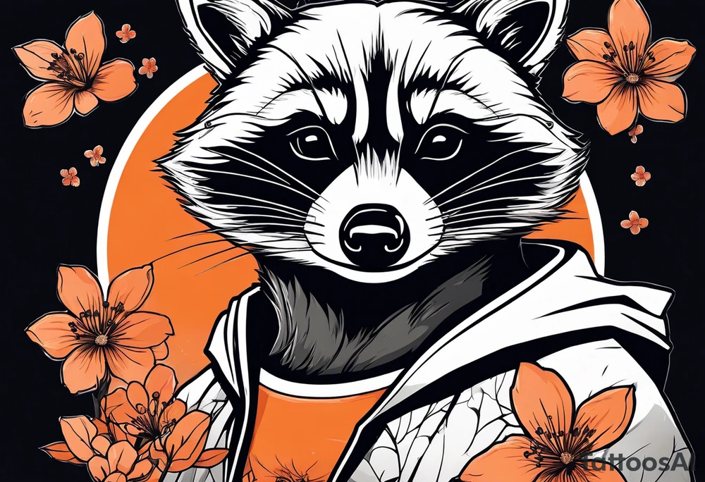 Raccoon wearing a white Superman logo on a black hoodie and orange Japanese cherry blossoms tattoo idea
