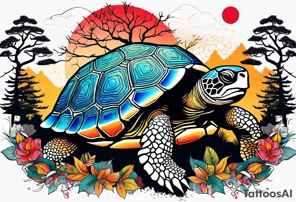 Colourful tortoise with trees tattoo idea