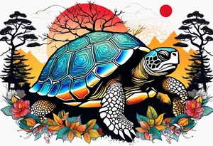 Colourful tortoise with trees tattoo idea