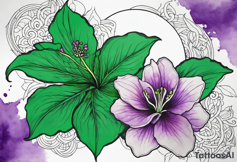 A mystical outline of a green with a bit of purple rio dipladenia flower and a green and purple watercolor splash in the background tattoo idea
