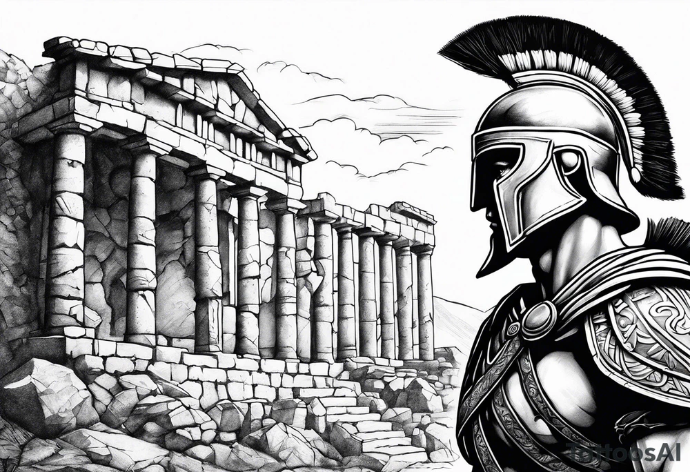 left Side profile of spartan soilder with ancient ruins in background tattoo idea