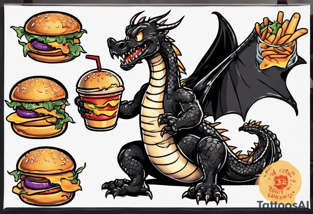 full body happy black dragon eating a cheeseburger tattoo idea