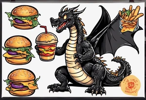 full body happy black dragon eating a cheeseburger tattoo idea