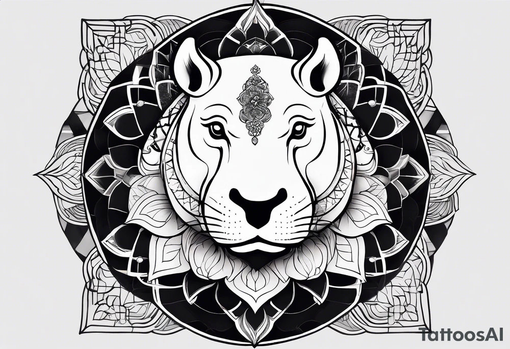 Very asymmetrical, +geometric pattern, with realistic full moon, with big eyes small ears 
hippo, +zen feel, + Buddhism touch, +tribal, +geometric, +inkart 
with wintersweet flower bud, +portrait orientation, +inkart touch, tattoo idea