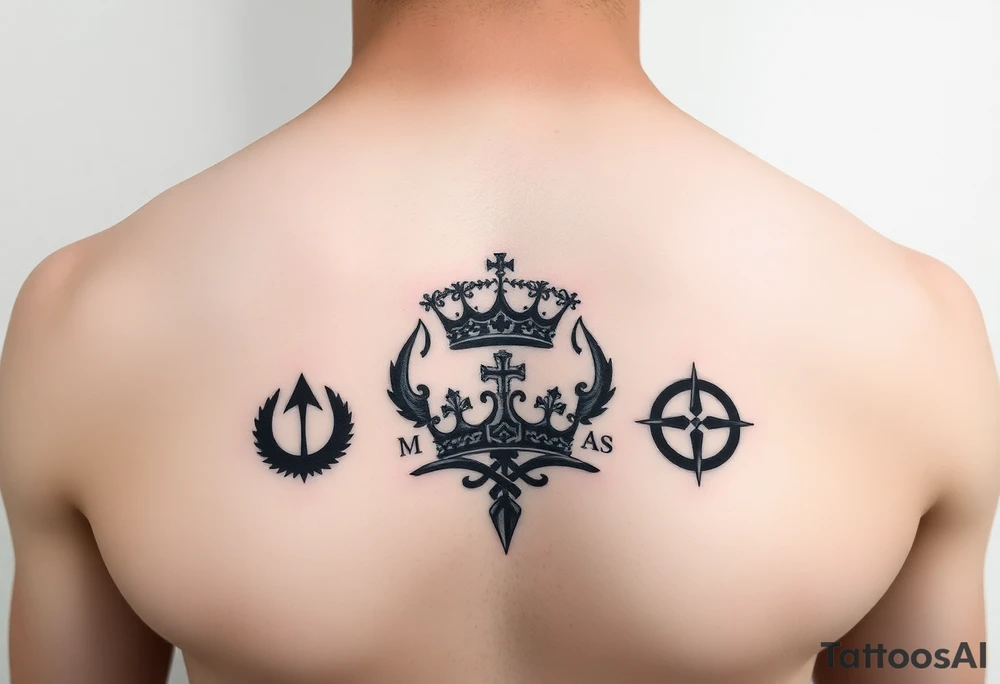 Chest tattoo, two laurier and icelandic symbols, dark brest tattoo, crown betwen laurier tattoo idea