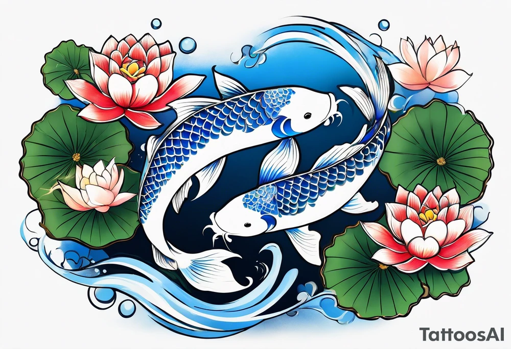 Two Blue and white  Koi swimming between and lotus flowers tattoo idea