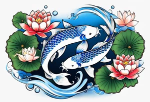 Two Blue and white  Koi swimming between and lotus flowers tattoo idea