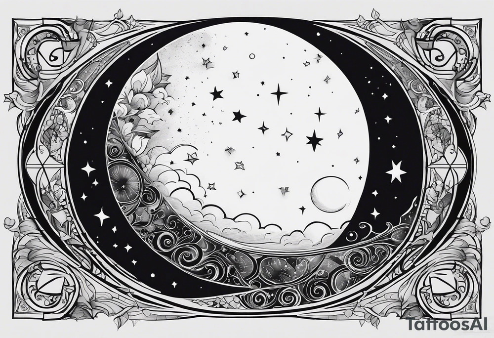 Central Element:

Moon: A crescent moon will be the centerpiece of the design, surrounded by a quote.
Quote: To the stars that listen...and the dreams that are answered. Will be placed around the moon. tattoo idea