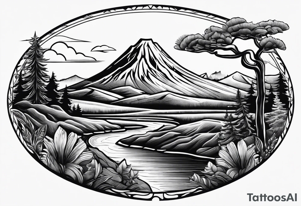 Pacific Northwest landscape, father son and daughter. Mexican American inspiration tattoo idea