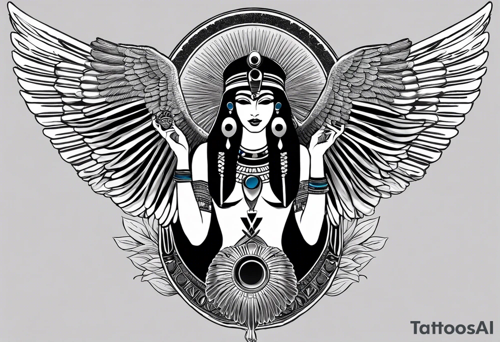 black and white Egyptian goddess Isis, who is often depicted as a woman with outstretched wings, holding an ankh (a symbol of life) in one hand and a lotus flower in the other. Her headdress often includes a throne or a solar disk. The tattoo design can vary in style and size, but it typically aims to capture the essence of this revered Egyptian deity, emphasizing her beauty, power, and maternal qualities. The choice of colors and additional elements can also be customized to create a unique and visually striking representation of the goddess Isis tattoo idea