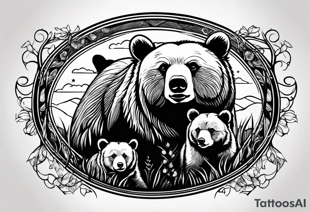 mother bear and cub simple inside oval tattoo idea