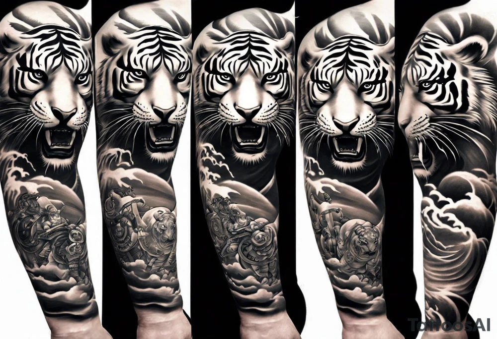 Tiger Warrior sleeve tattoo with lightning and the sun
Forearm sleeve tattoo idea