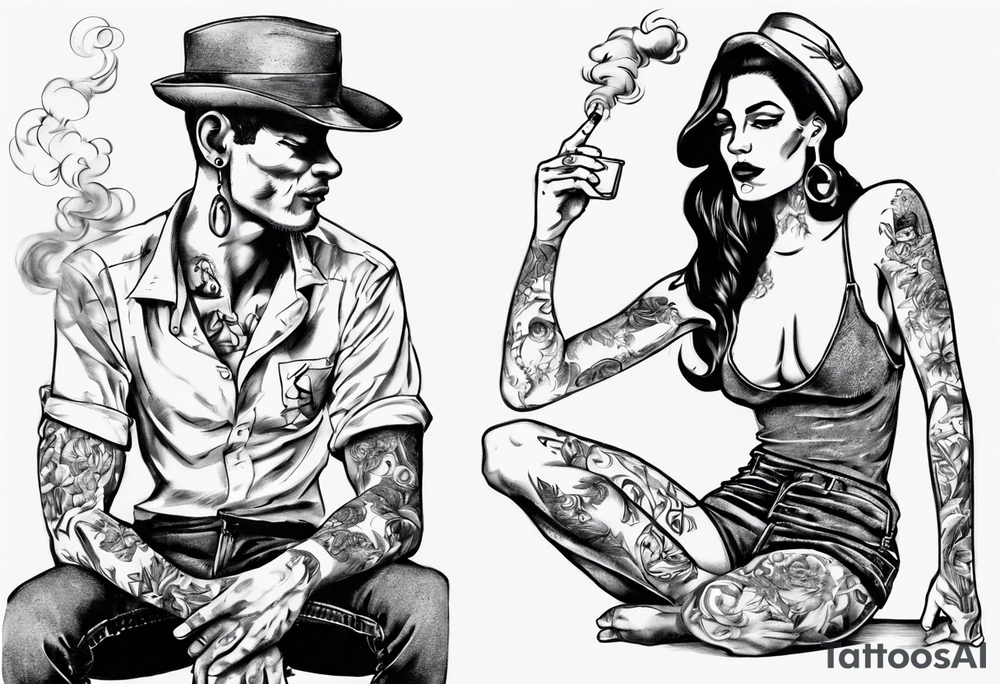 One with one man and one woman, both without hats or glasses. A man with earrings in his ears stands smoking a cigarette, a woman sits with her legs wide apart tattoo idea