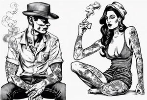One with one man and one woman, both without hats or glasses. A man with earrings in his ears stands smoking a cigarette, a woman sits with her legs wide apart tattoo idea