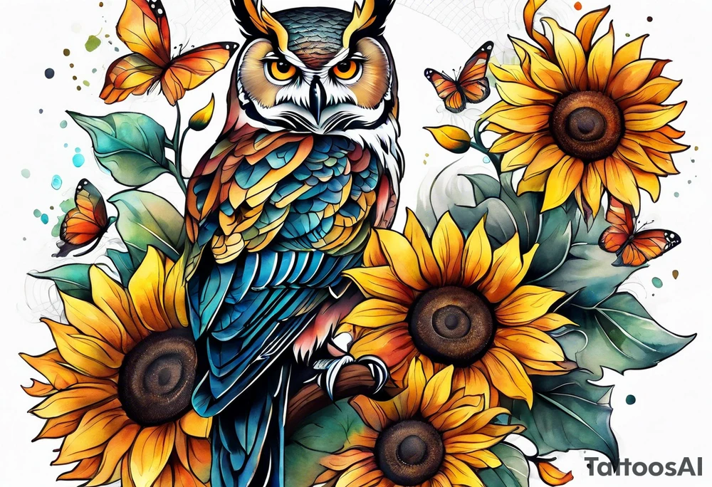 Leg sleeve with colorful sunflowers and an owl tattoo idea