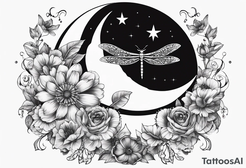 Floral moon phases with dragonfly and chain with stars in a line tattoo idea