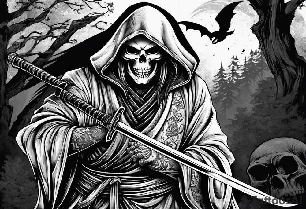 katana with grim reaper and skull tattoo idea