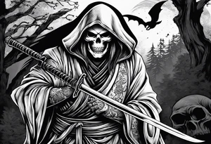 katana with grim reaper and skull tattoo idea