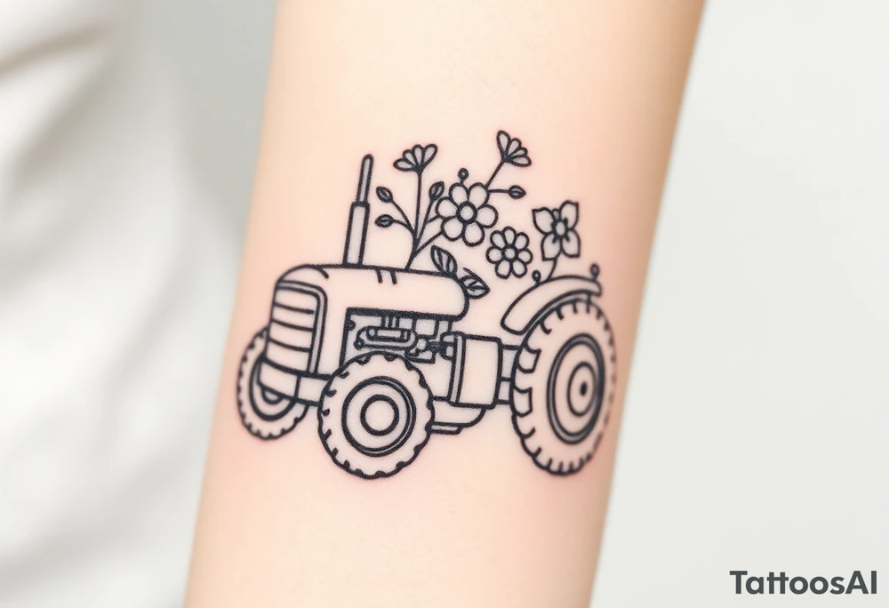 A feminine tractor with flowers tattoo idea