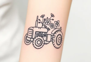 A feminine tractor with flowers tattoo idea