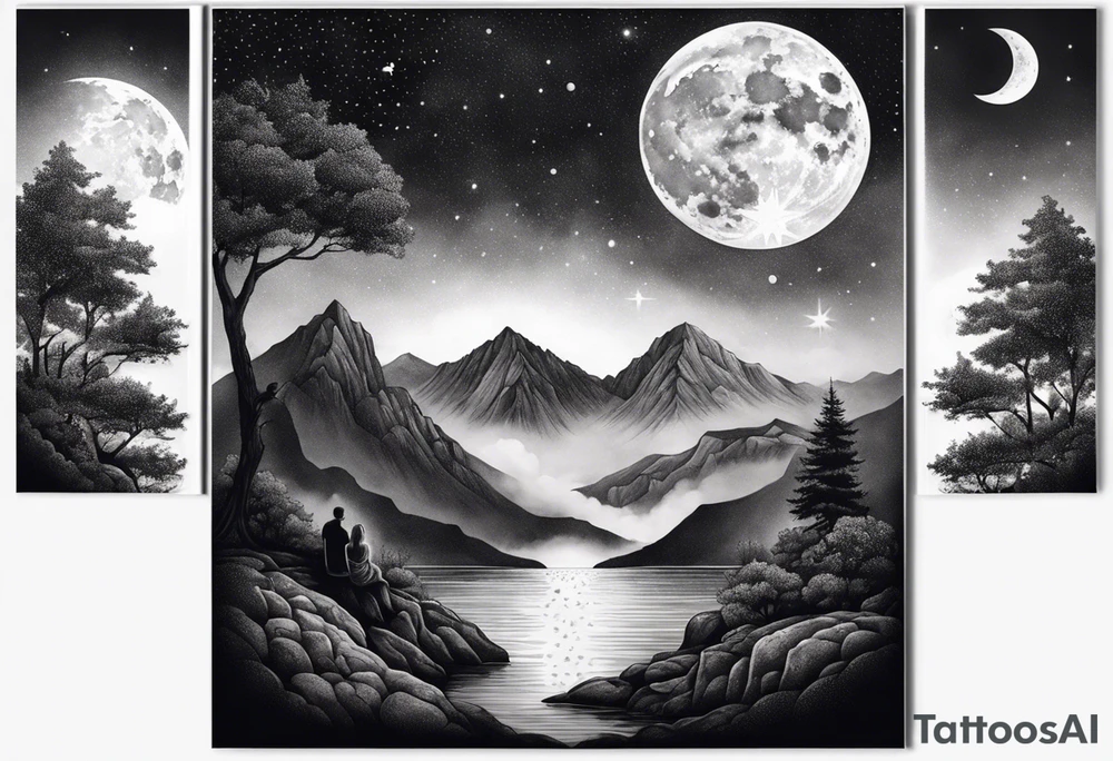 a family of three sitting in a nature with mountains, waterfall, water, and a cross in the background and and moon in the sky with stars tattoo idea