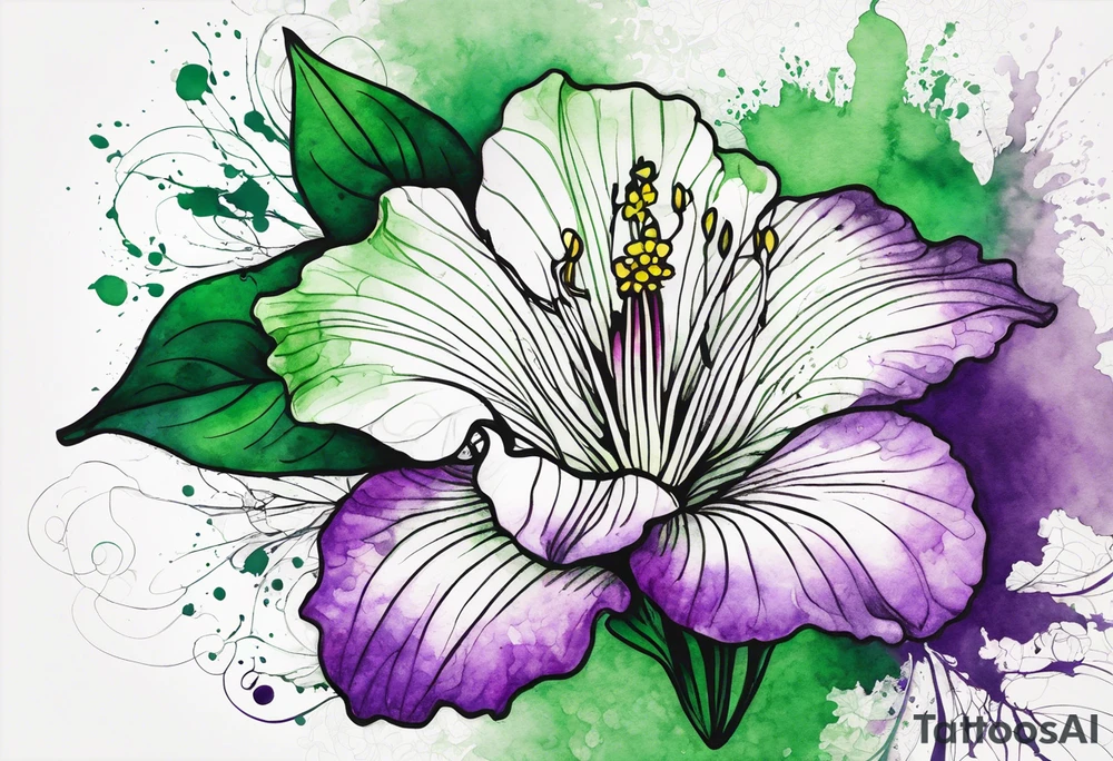 An outline of a green rio dipladenia flower and a green and purple watercolor splash in the background tattoo idea