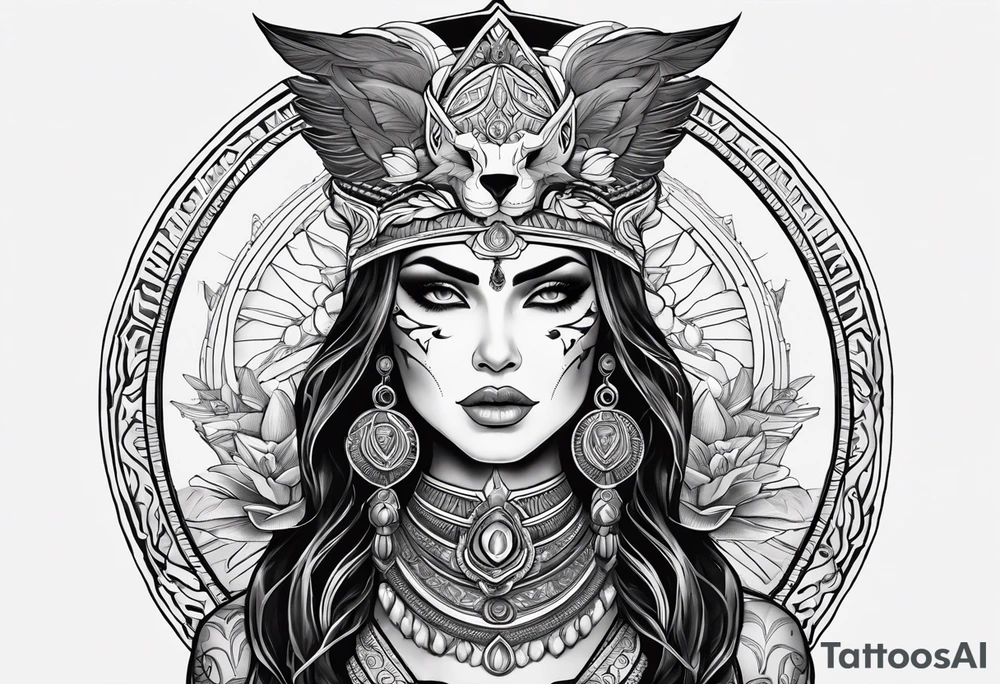 kali, alien goddess, valkrye, pirate, zenza resonance, pachamama, lotus azul, blank panther, eagle, skull, 5D, nueva gaya tattoo idea
