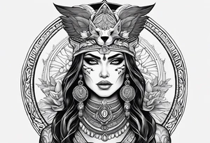 kali, alien goddess, valkrye, pirate, zenza resonance, pachamama, lotus azul, blank panther, eagle, skull, 5D, nueva gaya tattoo idea