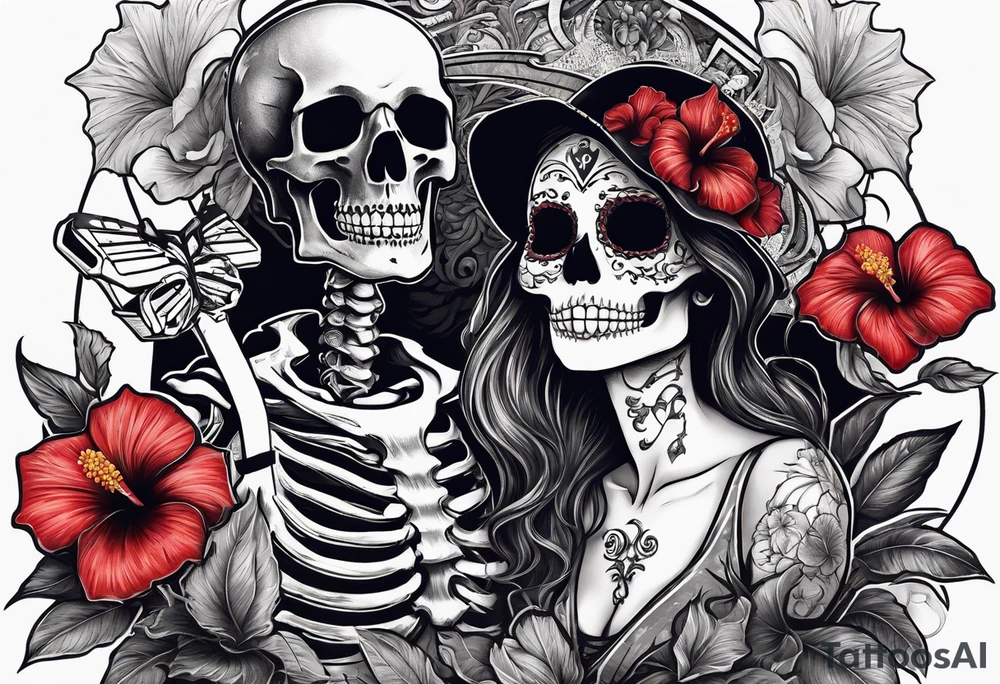 a female skeleton holding a hibiscus flower and a male skeleton playing a guitar. tattoo idea