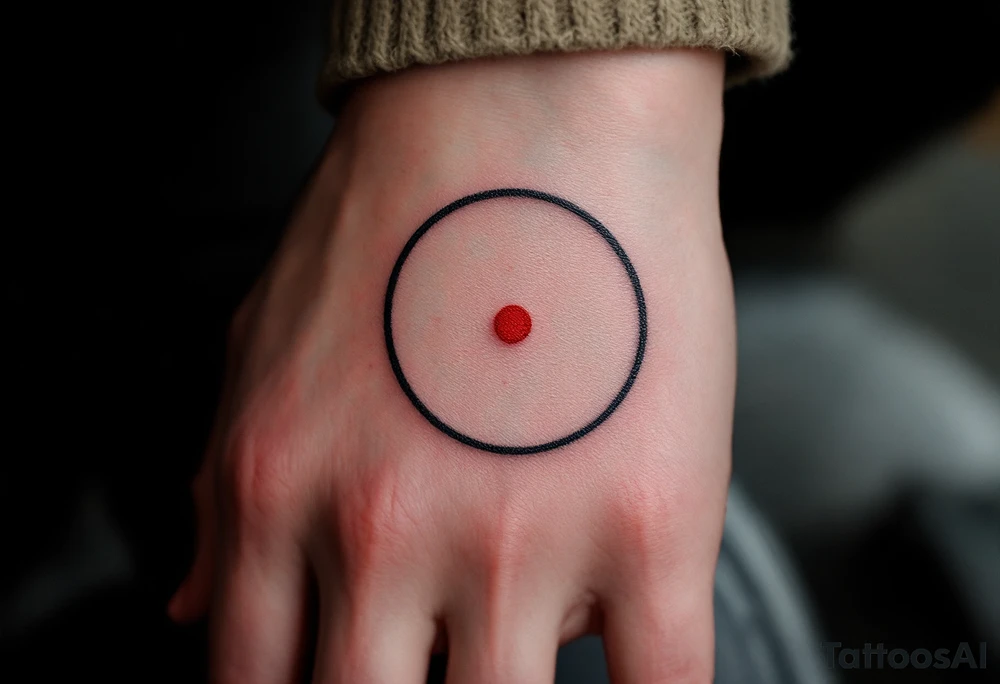 A minimalist black ink circle with a delicate red dot in its center, symbolizing focus and balance. tattoo idea