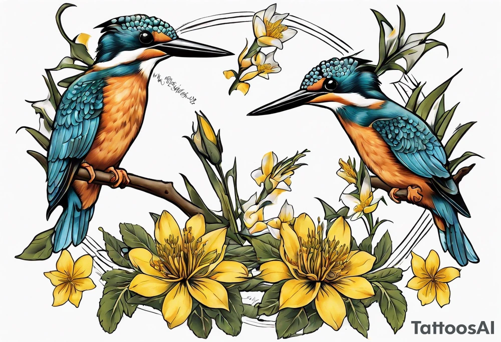 Thigh tattoo of a Kingfisher taking flight surrounded by St John's Wort flowers tattoo idea