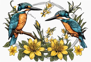 Thigh tattoo of a Kingfisher taking flight surrounded by St John's Wort flowers tattoo idea