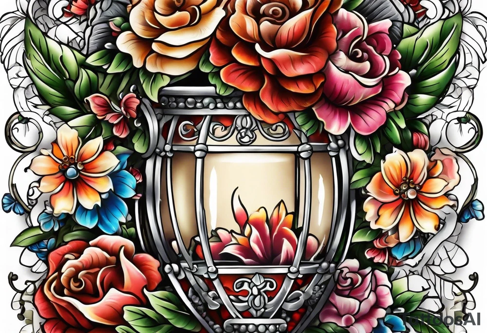 Floral leg piece with beading and lace tattoo idea. colorful, old school flowers, highly detailed, florals. white background. beautiful hourglass at the center, intricate highly detailed, tattoo idea