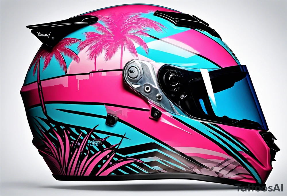 Formula 1 helment with a palm tree and black pink and light blue color tattoo idea