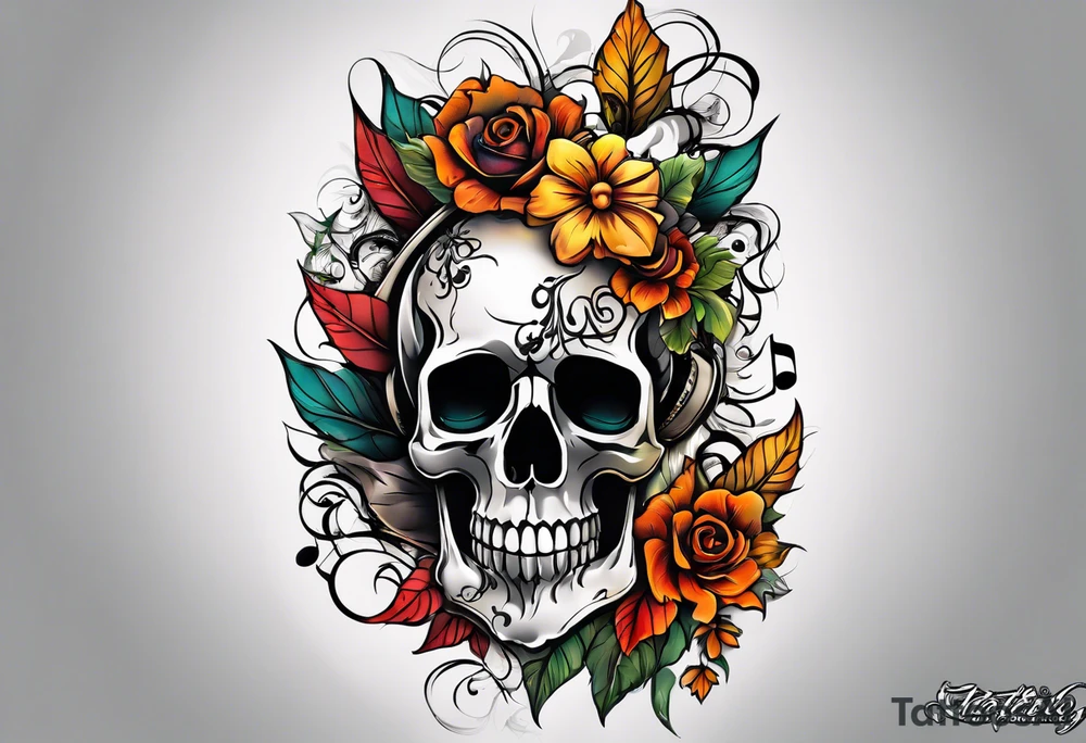 arm sleeve with fall colors, flowers, water flow shapes, leaves and various natural shapes, music notes, skulls tattoo idea