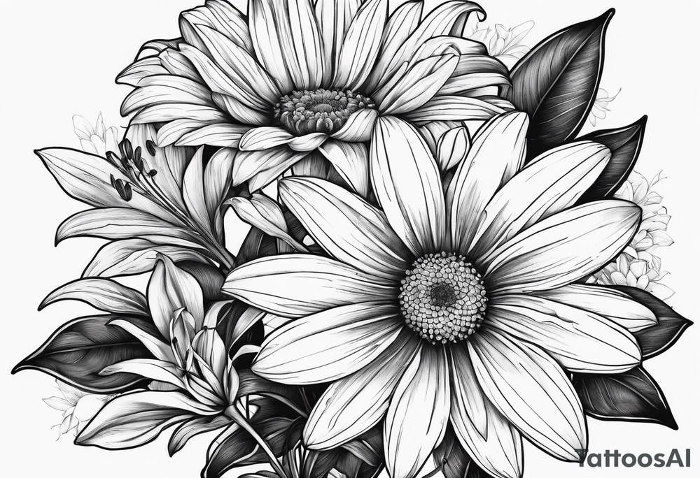 Large daisy flower and lily flower no stem few leaves around them tattoo idea