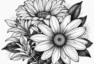 Large daisy flower and lily flower no stem few leaves around them tattoo idea