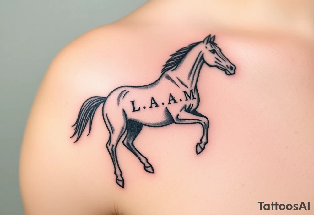 horse silhouette 
from the front which gallops from the front, with the 3 small letters discreetly integrated: L, A, M tattoo idea