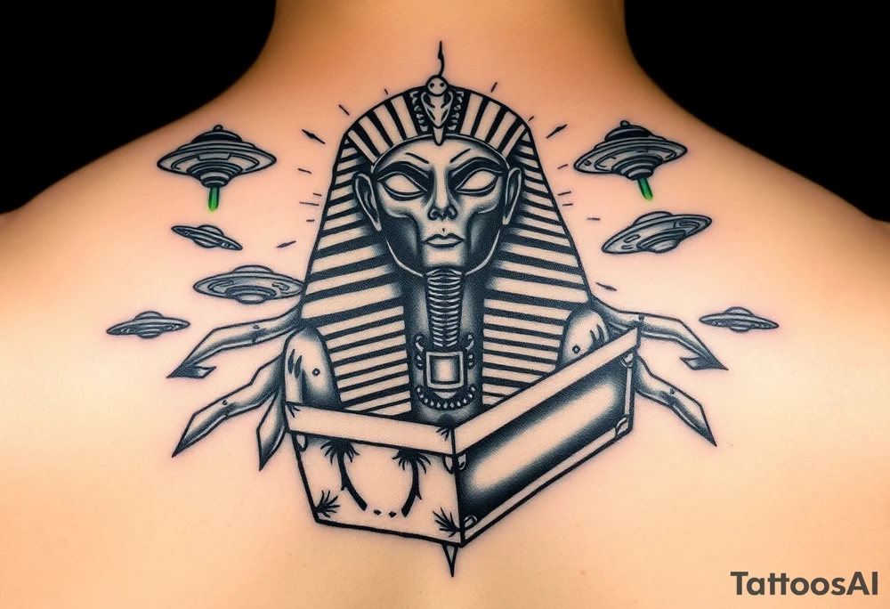 "Pharaoh's sarcophagus opening to reveal a grey alien. Floating UFOs are shaped Impalas .  

Style: Neo-traditional tattoo with glitch effects. Colors: turquoise/black/neon green." tattoo idea