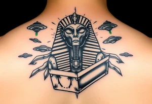 "Pharaoh's sarcophagus opening to reveal a grey alien. Floating UFOs are shaped Impalas .  

Style: Neo-traditional tattoo with glitch effects. Colors: turquoise/black/neon green." tattoo idea