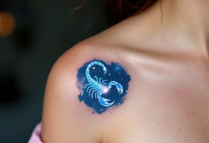 In the deep indigo sky, Scorpius coils like a celestial scorpion outlined in icy white light moving toward its star constellation tattoo idea