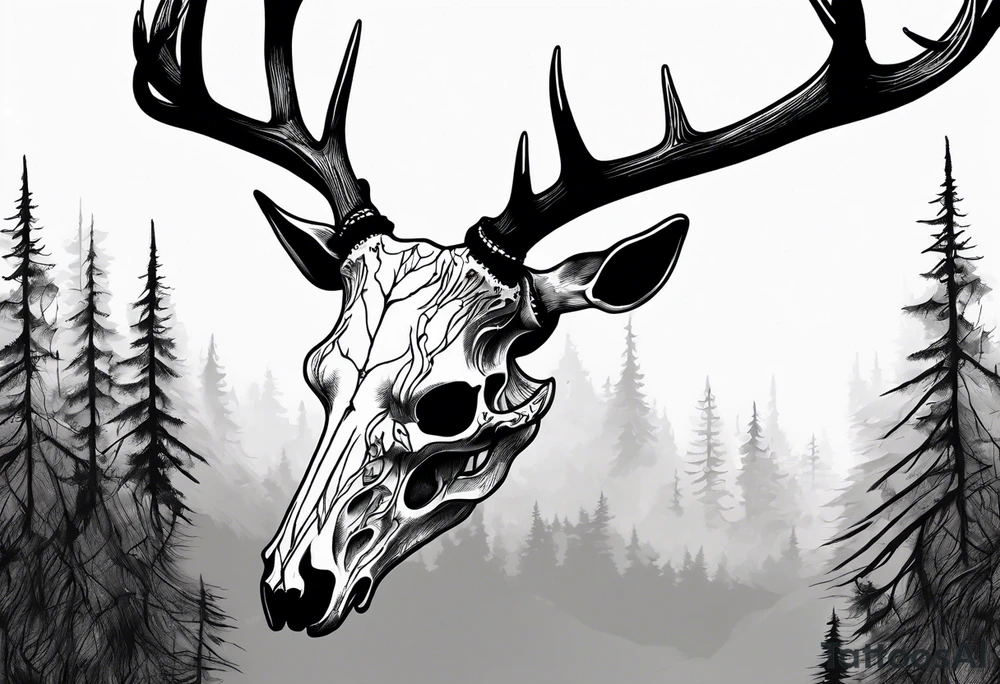 A SCARY side view of a decayed deer skull NO SKIN JUST BONE surrounded by a forest fire in background tattoo idea