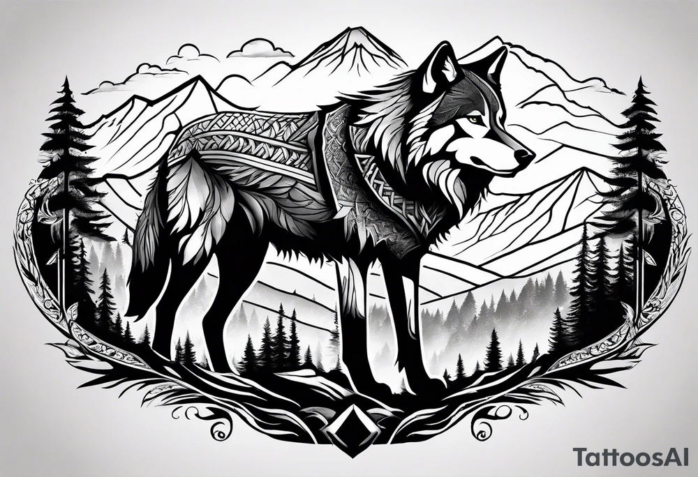 Halber Wolf
Keltische Runen
Vor einen Wald mit Bergen tattoo idea