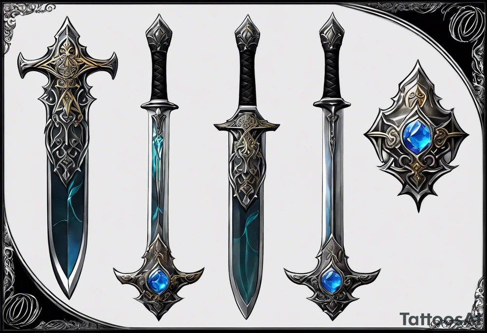 The Master Sword in a detailed, elegant drawing, with the hilt adorned with delicate engravings of elemental symbols: a flickering flame for fire, a gentle wave for water, a sprouting leaf for earth, and a twisting breeze for air. The blade itself is sleek and polished tattoo idea