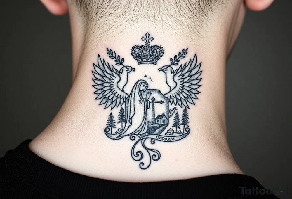 Traditional authentic Russian coat of arms with a Christian orthodox virgin marry in the middle and silhouette in a Russian wilderness Christian orthodoxy village setting tattoo idea