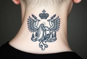 Traditional authentic Russian coat of arms with a Christian orthodox virgin marry in the middle and silhouette in a Russian wilderness Christian orthodoxy village setting tattoo idea