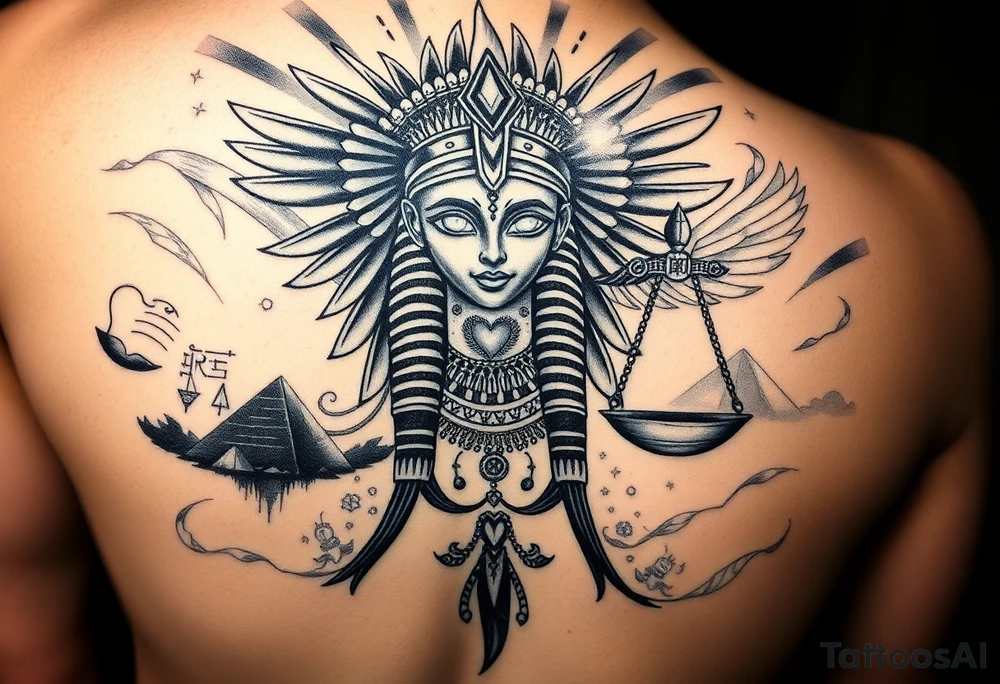 “Super realistic black and grey tattoo of the Egyptian goddess Ma’at, depicted as a regal woman with an ostrich feather headdress, intense glowing eyes, and intricate ancient Egyptian jewelry. She stands or floats amidst swirling cosmic energy and beams of light, with subtle hieroglyphics and pyramids in the background. Incorporate the Scales of Justice—one side holding a heart, the other Ma’at’s feather—glowing with ethereal energy. Emphasize dramatic lighting, deep shadows, and surreal, mystical atmosphere to match a sleeve with Anubis and cosmic motifs. Design should flow with existing sleeve art, using soft transitions and layered textures. tattoo idea