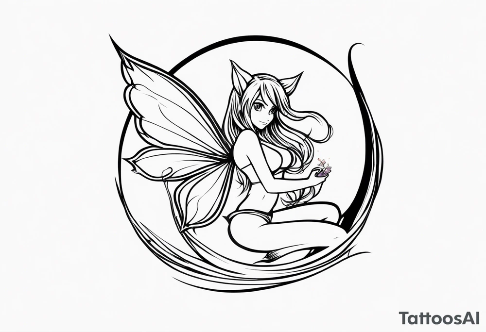 A fairy with a tail inspired by the logo of the show called Fairy Tail in a fetal position leaning in tattoo idea
