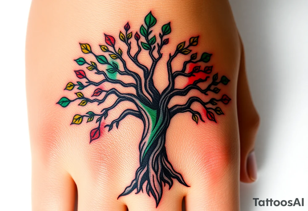 Vibrant tree of life Jamaican and Irish colours tattoo idea