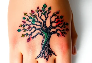 Vibrant tree of life Jamaican and Irish colours tattoo idea